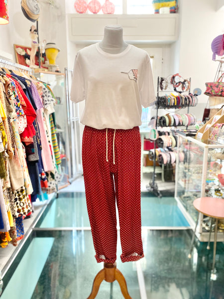Pantaloni bordeaux pois